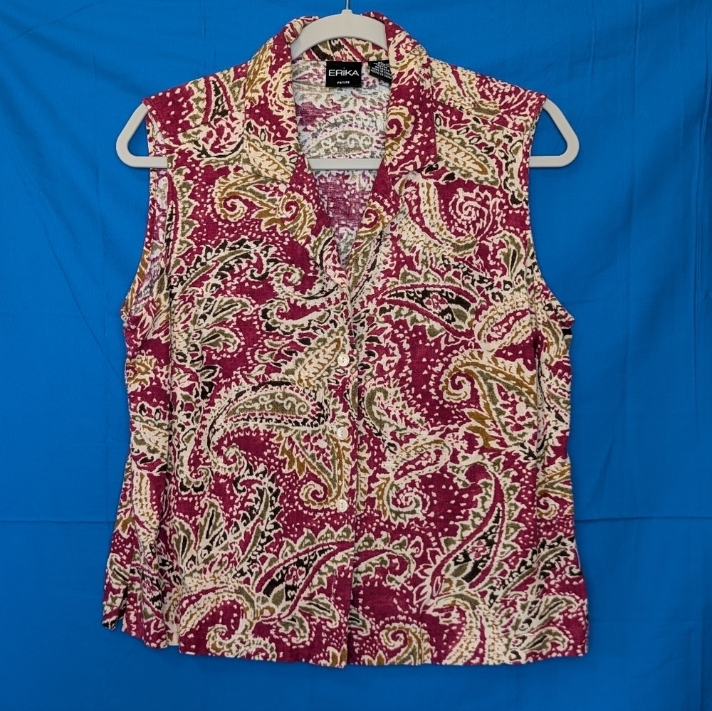 Erika Petite Large Raspberry / Tan Linen Blend Sleeveless Blouse